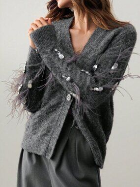 Dark Grey Casual Women's Floral Sequin Feather Pullover Sweater
